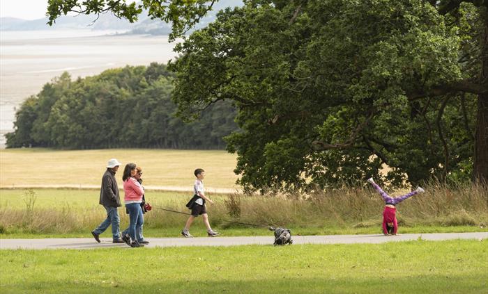 A family with a dog take a walk around the grounds of Penrhyn Castle and one of the children is doing a cartwheel